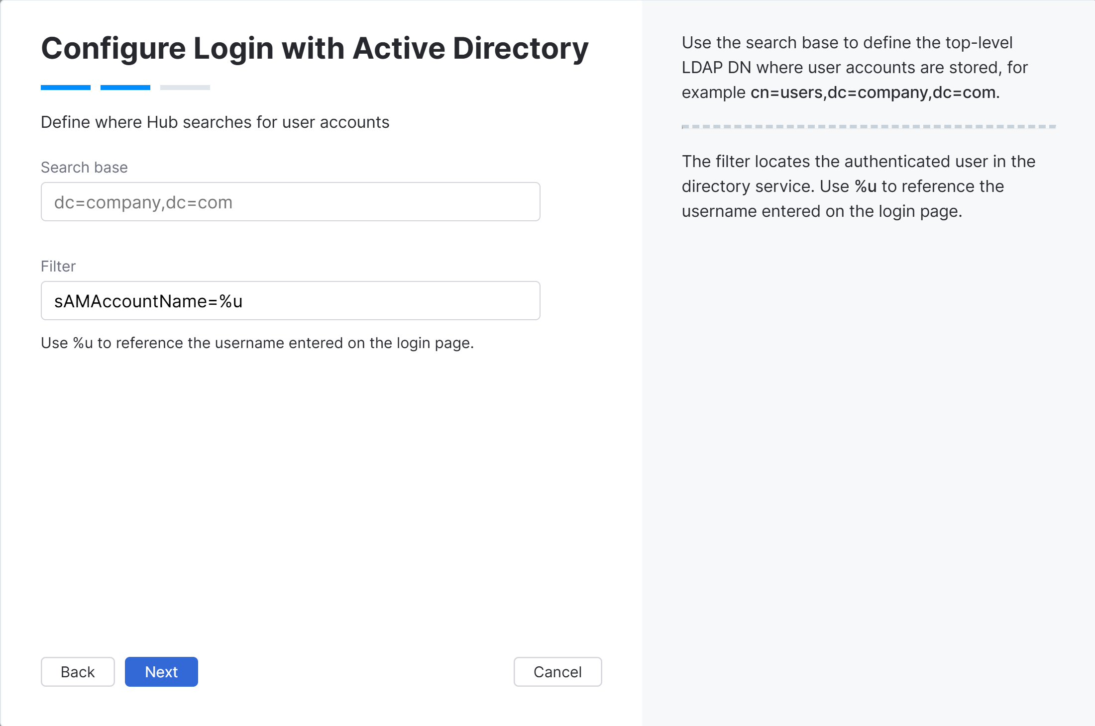 Wizard step for Active Directory search base and filter. Wizard step for Active Directory search base and filter.