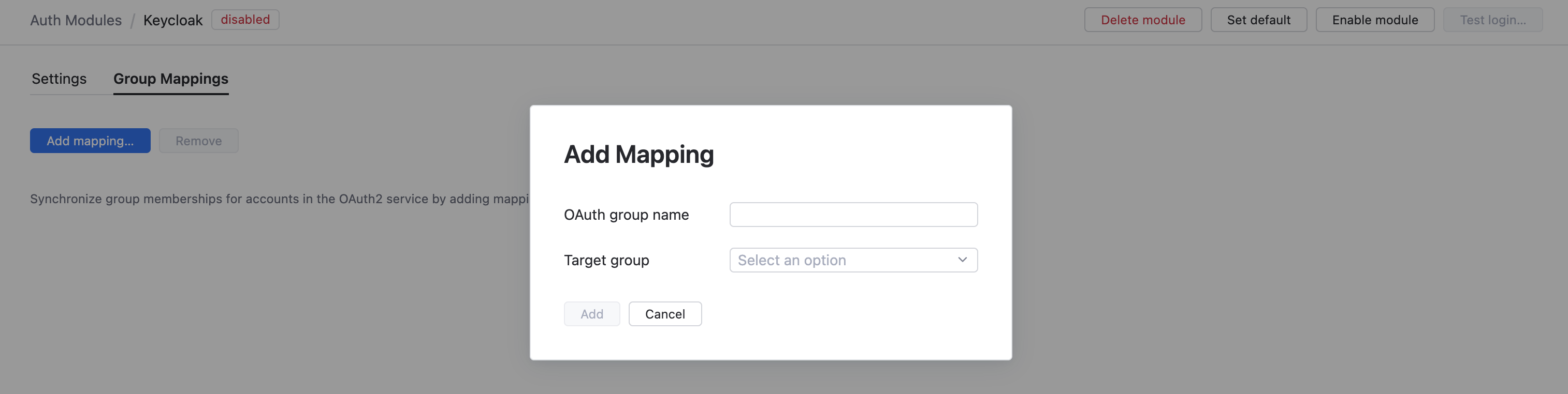 Dialog for adding group mappings. Dialog for adding group mappings.