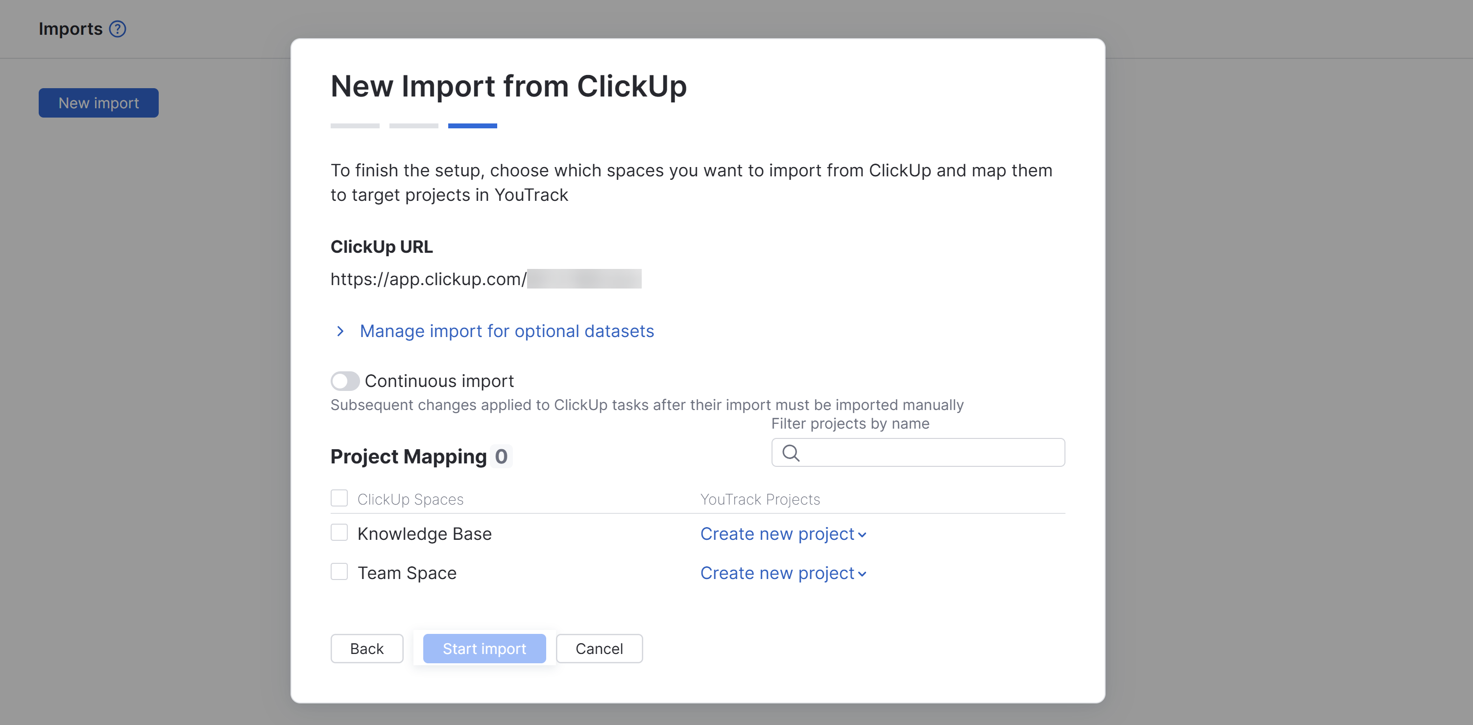 Mapping ClickUp spaces to YouTrack projects during import.