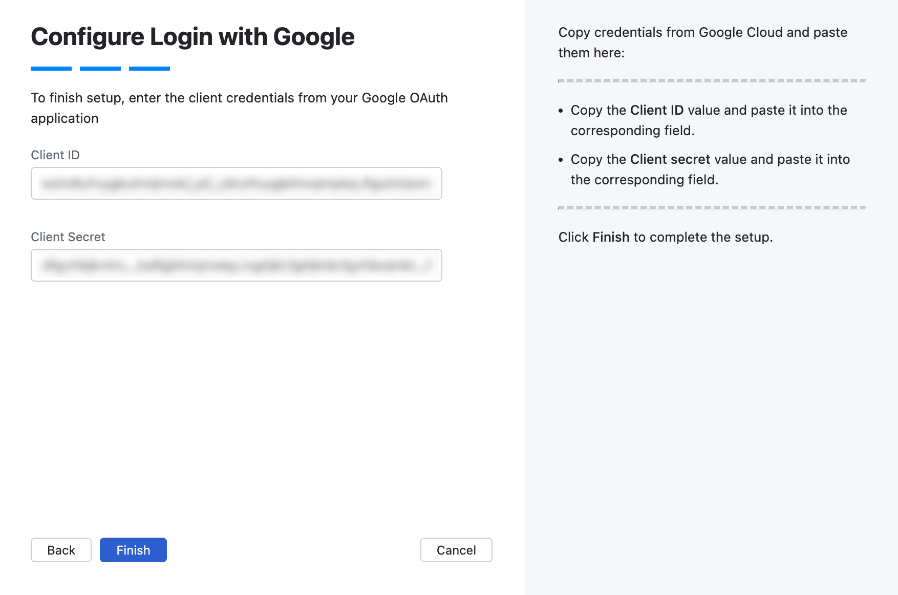 Wizard step for Client ID and Client secret.