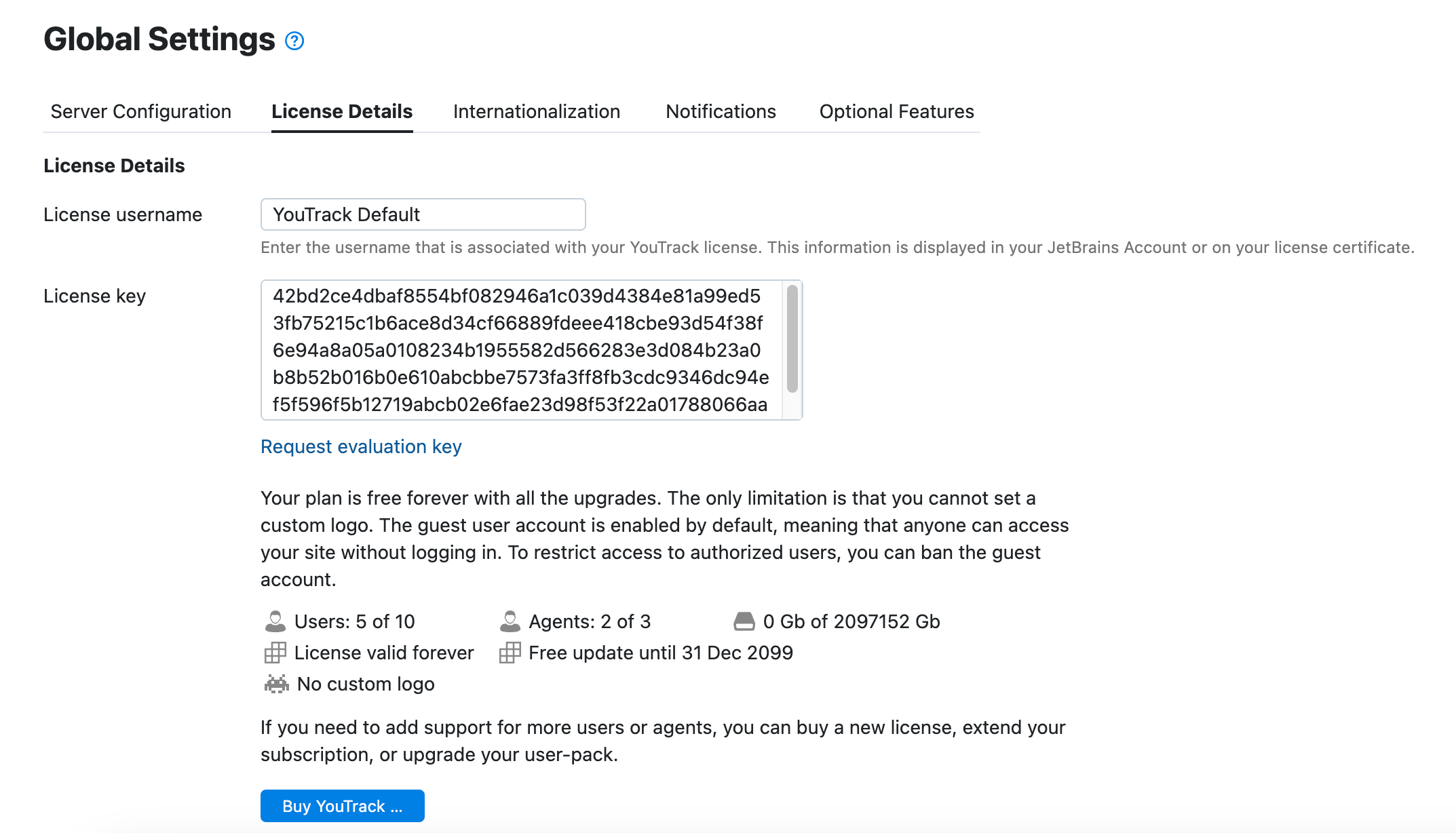 License details showing agent user allocation for a YouTrack Server installation.