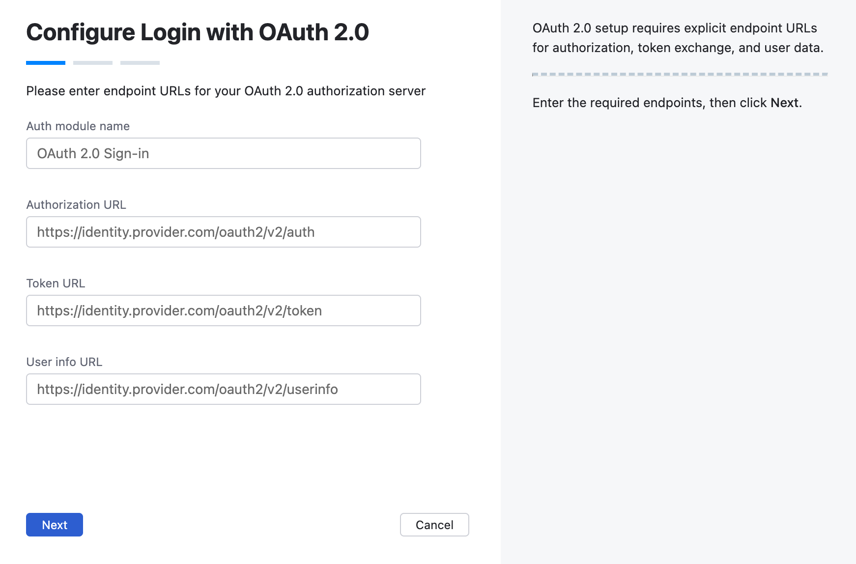 Wizard step for OAuth 2.0 endpoint URLs.