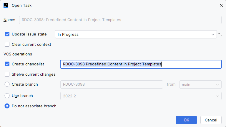 Parameters for a new task in the IDE.