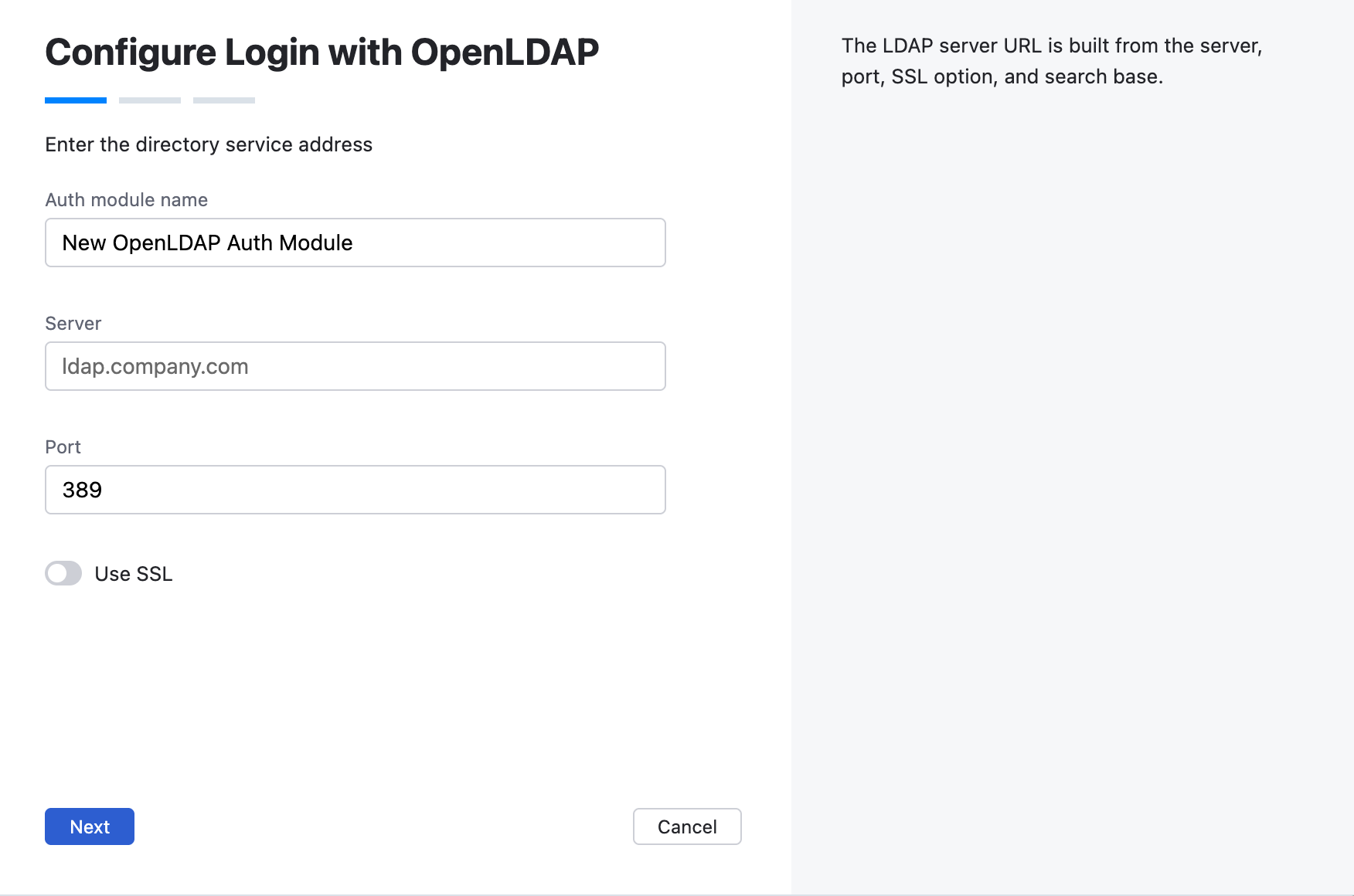 Wizard step for LDAP server address. Wizard step for LDAP server address.