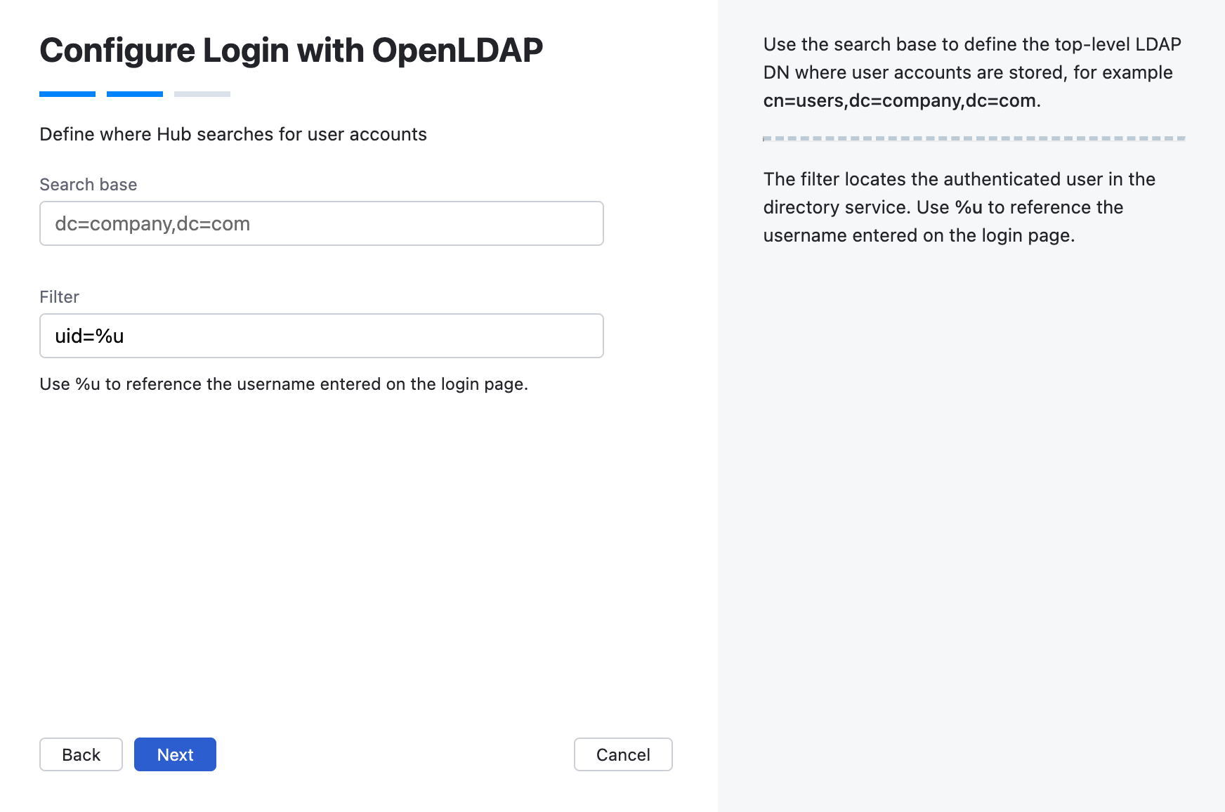 Wizard step for LDAP search base and filter. Wizard step for LDAP search base and filter.