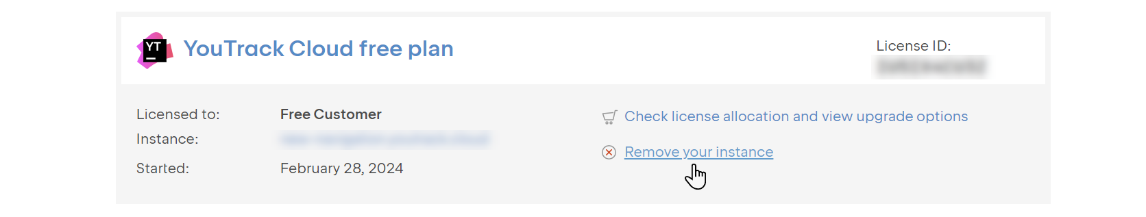 The option to remove an instance that uses a free plan from the JetBrains Account. The option to remove an instance that uses a free plan from the JetBrains Account.
