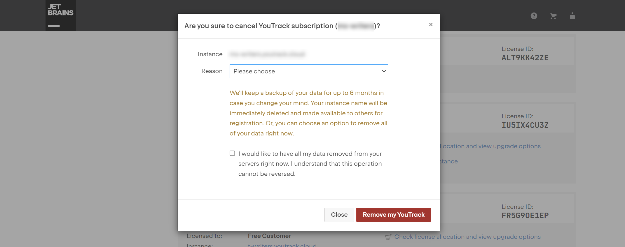 Confirmation dialog for removing a YouTrack Cloud instance. Confirmation dialog for removing a YouTrack Cloud instance.