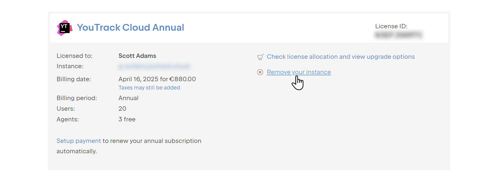Link to remove your YouTrack Cloud instance. Link to remove your YouTrack Cloud instance.