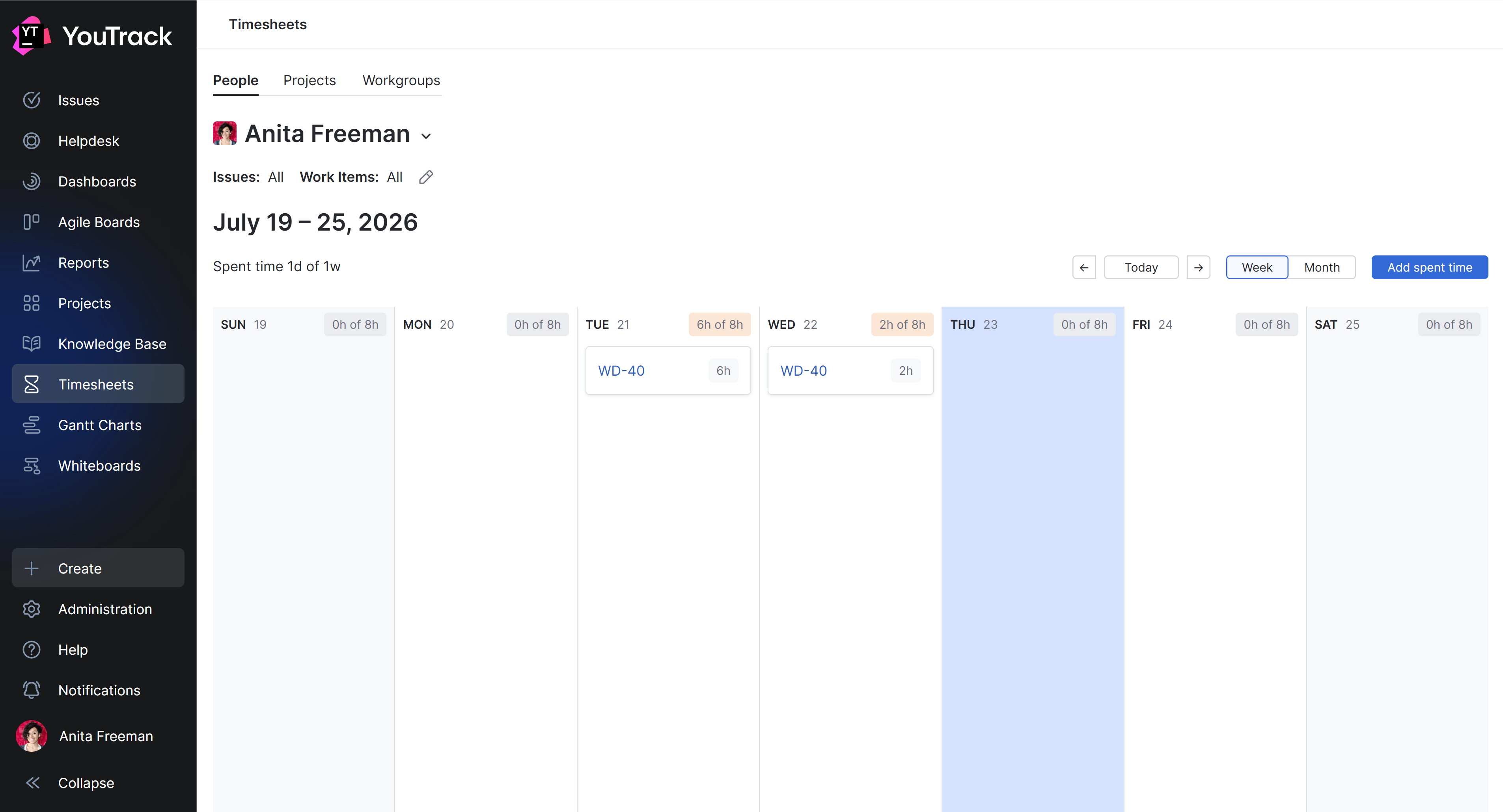 Timesheets People tab for Anita Freeman showing WD-40 work items totaling 8 hours in the weekly calendar. Timesheets People tab for Anita Freeman showing WD-40 work items totaling 8 hours in the weekly calendar.